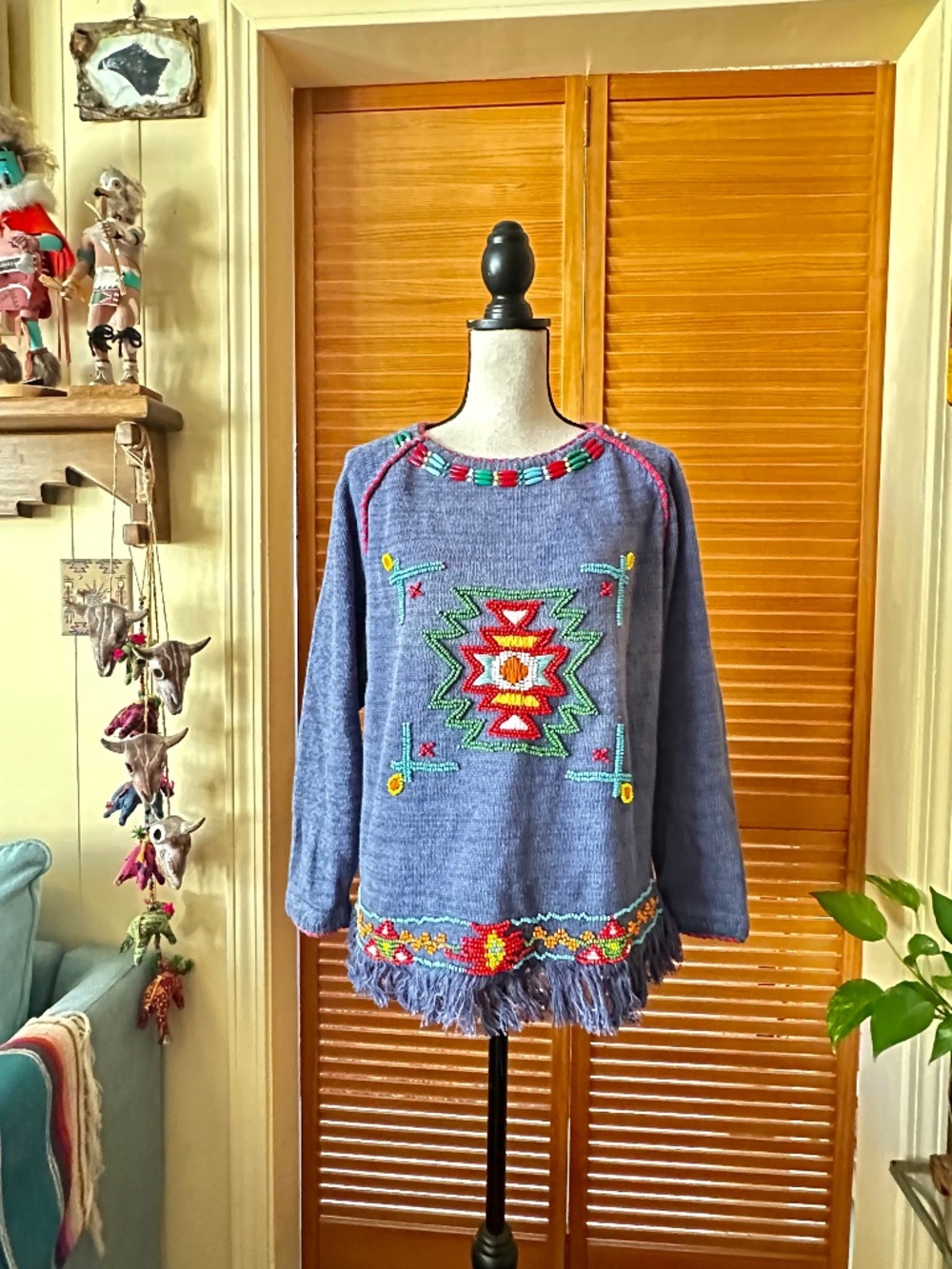 VINTAGE 90s Hand BEADED SWEATER Pullover Native Butterfly Symbol